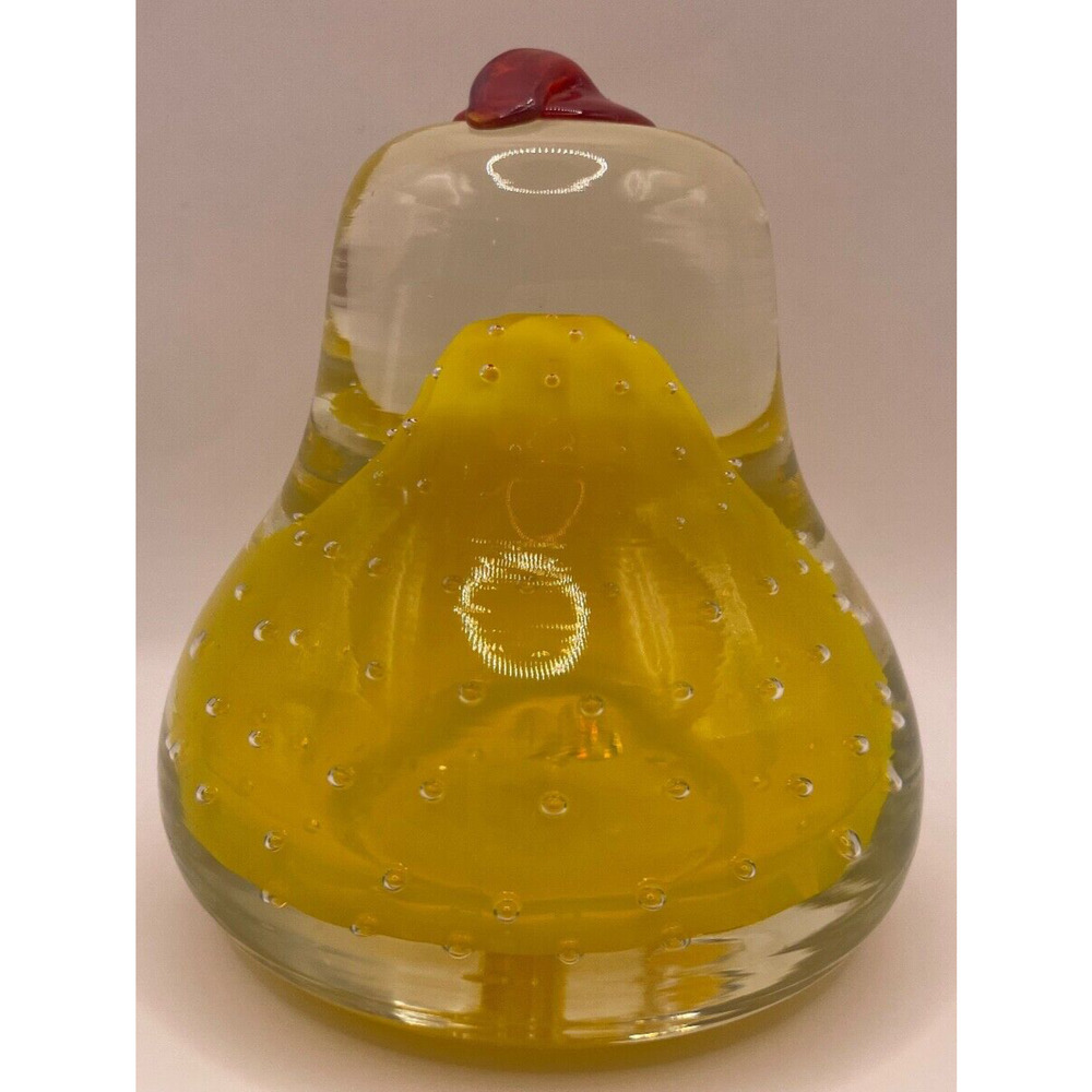 JB Yellow Pear Paperweight Controlled Bubbles Bullicante Red Stem Fruit